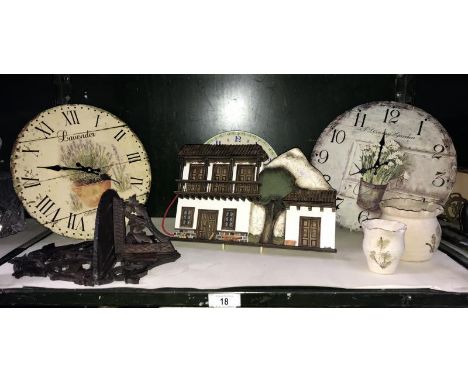 2 wall clocks, a plate clock, shelf bracket etc