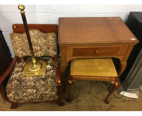 Piano stool, Singer sewing machine, oak chair etc.