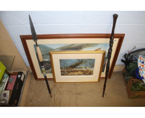 Two military prints, carved walking stick etc.