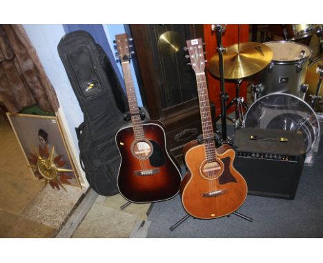 A Sigma acoustic guitar and case, a Tanglewood and case and an amp