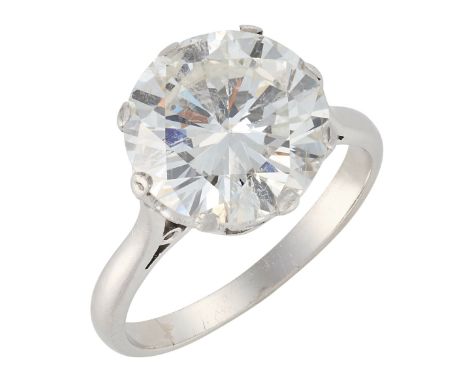 A DIAMOND SOLITAIRE RINGin platinum, set with a round brilliant cut diamond of c.3.54 carats over a stylised gallery, no assa