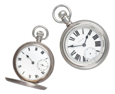 ELGIN: A SILVER OPEN FACE POCKET WATCHwith keyless wind movement, the white enamel dial with black Roman numerals, subsidiary