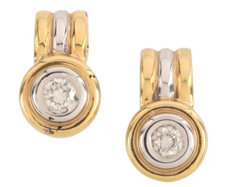 A PAIR OF TWO-TONE DIAMOND EARRINGSin 14ct gold, each set with a round brilliant cut diamond, totalling c.0.40 carats, to a s