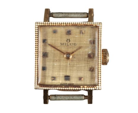 MILUS: A 9CT GOLD WRISTWATCHwith manual wind movement, the gold dial with gold baton numerals and gold hands, circa 1960's, t