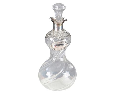 A VICTORIAN SILVER MOUNTED CLEAR GLASS DECANTER the mounts by JD WD Chester, with spiralled clear glass double gourd body, wi
