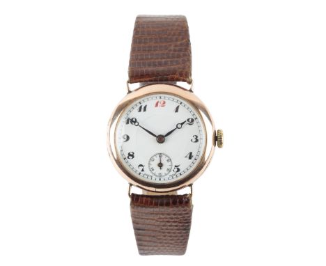 A 9CT GOLD WRISTWATCHwith manual wind movement, the white dial with black Arabic numerals and red 12 o'clock, dark blue steel