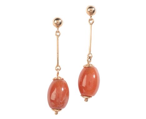 A PAIR OF JADE DROP EARRINGSin 18ct gold, each comprising a gold stud, articulated to a gold bar terminated by an orange jade