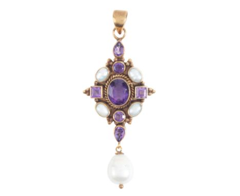 AN AMETHYST AND PEARL PENDANTin silver gilt, set with an oval cut amethyst, surrounded by a cluster of pearls and further ste