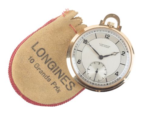 LONGINES: A 14CT GOLD OPEN FACE POCKET WATCHwith manual wind movement, the silver two-tone dial with subsidiary seconds dial,