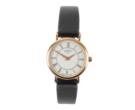 ROTARY: A 9CT GOLD WRISTWATCHwith quartz movement, the white dial with black Roman numerals and gold hands, the case c.22mm, 