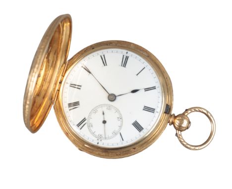 AN 18CT GOLD FULL HUNTER POCKET WATCH with keyless wind movement, the white enamel dial with black Roman numerals, subsidiary