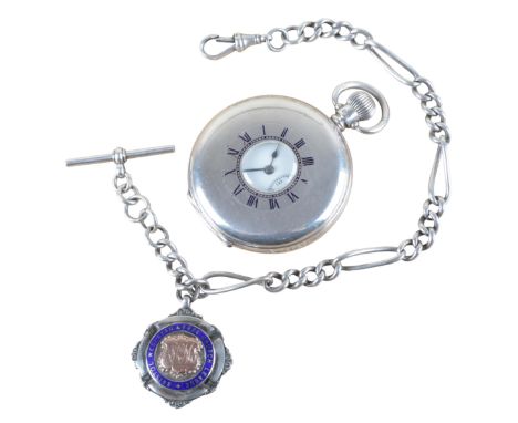 A SILVER HALF HUNTER POCKET WATCHwith keyless wind movement, the white enamel dial with black Roman numerals, dark blue steel