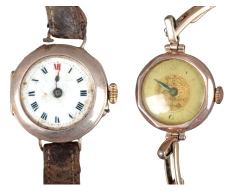 A 9CT GOLD WRISTWATCHwith manual wind movement, the white enamel dial with black Roman numerals and dark blue steel hands, ci