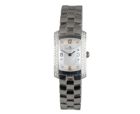 BAUME & MERCIER: AN 18CT WHITE GOLD BRACELET WATCHwith quartz movement, the mother of pearl dial with silver and diamond Arab