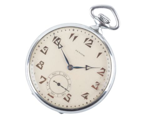 ZENITH: A STAINLESS STEEL OPEN FACE POCKET WATCHwith keyless wind movement, the white dial with luminous Arabic numerals, dar