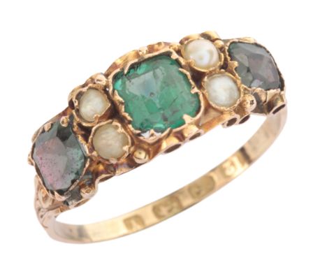 AN ANTIQUE GEM-SET RINGin 12ct gold, set with three step cut garnet-topped doublets, alternating with pairs of split pearls, 
