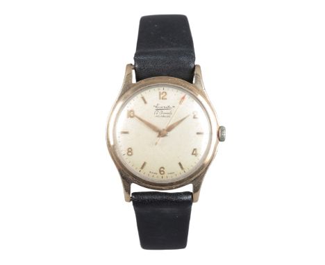 EVERITE: A 9CT GOLD WRISTWATCHwith manual wind movement, the silver dial with gold Arabic numerals and hands, red arrow secon