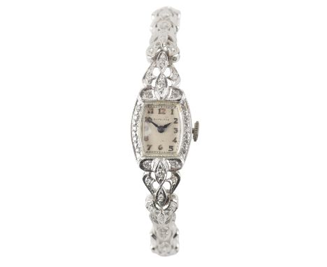 HAMILTON: A 14CT WHITE GOLD AND DIAMOND COCKTAIL WATCH&nbsp;with manual wind movement, the silver dial with silver Arabic num