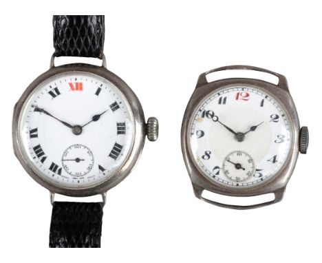 ZENITH: A SILVER CASED TRENCH WATCHwith manual wind movement, the white enamel dial with subsidiary seconds dial, black Roman
