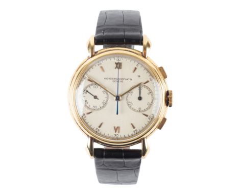 VACHERON CONSTANTIN, GENEVE: AN 18CT GOLD CHRONOGRAPH WRISTWATCH with manual wind movement, the silver dial with gold baton a