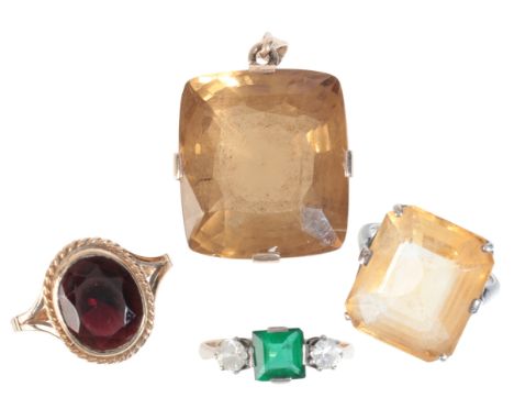 A CITRINE PENDANTin 9ct gold, set with a cushion cut citrine of c.10.36 carats, no assay marks, c.3.3cm; together with a citr