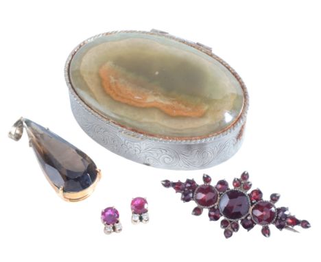 A COLLECTION OF JEWELSincluding a pear cut smoky quartz pendant, c.3.5cm; together with a pair of ruby and diamond stud earri