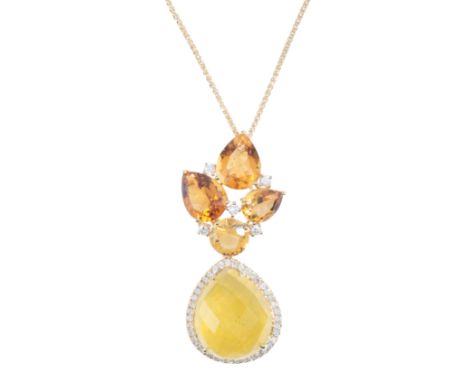 A CITRINE AND DIAMOND PENDANT NECKLACEin 18ct gold, set with a cluster of pear cut and round cut citrines, accented by round 