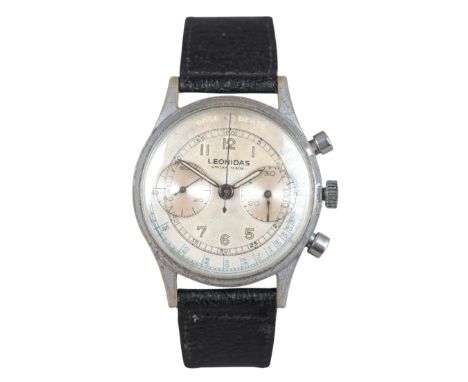 LEONIDAS: A STAINLESS STEEL CHRONOGRAPH WRISTWATCHwith manual wind movement, the silver dial with double subsidiary dials, bl