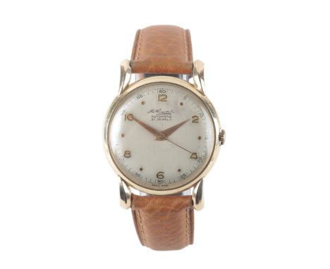 THOMAS RUSSELL & SON: A 9CT GOLD WRISTWATCHwith manual wind movement, the silver dial with gold Arabic and baton numerals and