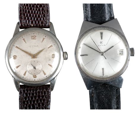 CYMA:  A STAINLESS STEEL WRISTWATCHwith manual wind movement, the silver dial with silver baton numerals and date aperture, c