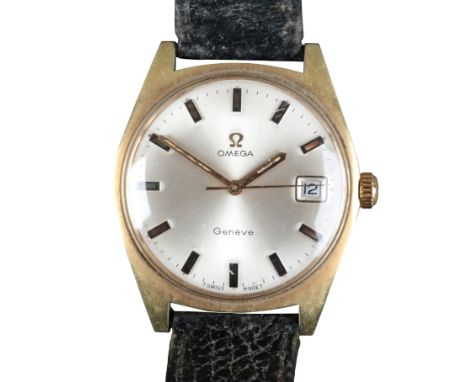 OMEGA GENEVE: A GOLD-PLATED WRISTWATCHwith automatic movement, the silver dial with luminous black baton hour markers and dat