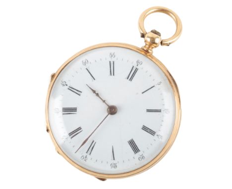 A FRENCH 14CT GOLD OPEN FACE POCKET WATCH with keyless wind movement, the white enamel dial with black Roman numerals and dar