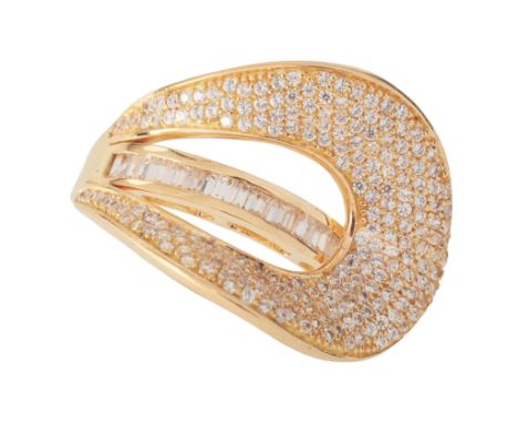 A DIAMOND DRESS RINGin 18ct gold, pavé-set with round brilliant cut diamonds over a stylised fan design, the band channel-set