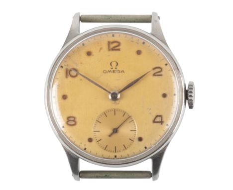 OMEGA: A STAINLESS STEEL WRISTWATCHwith manual wind movement, the gold dial with silver Arabic numerals and hands, subsidiary
