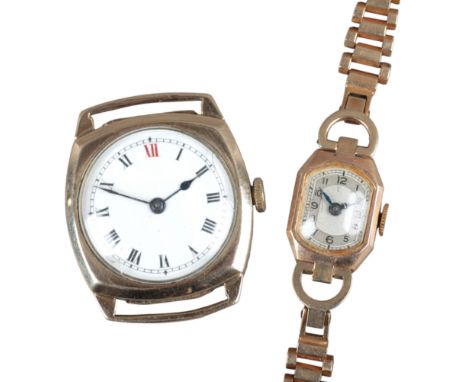 A 9CT GOLD WRISTWATCHwith manual wind movement, the white dial with black Roman numerals and red 12 o'clock, dark blue steel 