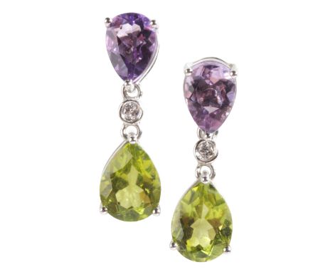 A PAIR OF GEM-SET DROP EARRINGSin 18ct white gold, each set with a pear cut amethyst articulated to a pear cut peridot, accen