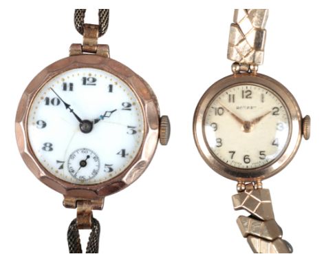 A 9CT GOLD WRISTWATCHwith manual wind movement, the white enamel dial with black Arabic numerals, subsidiary seconds dial and
