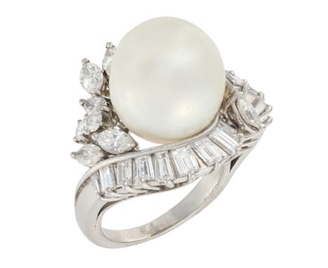 A SOUTH SEA PEARL AND DIAMOND COCKTAIL RINGin 14ct white gold, set with a South Sea pearl of c.13.5mm, surrounded by a cluste
