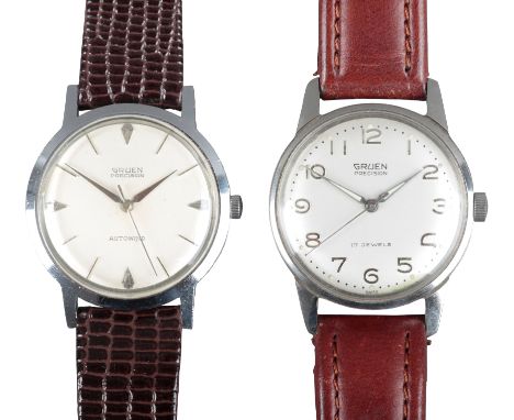 GRUEN: A STAINLESS STEEL WRISTWATCHwith automatic movement, the white dial with silver baton numerals and silver hands, circa