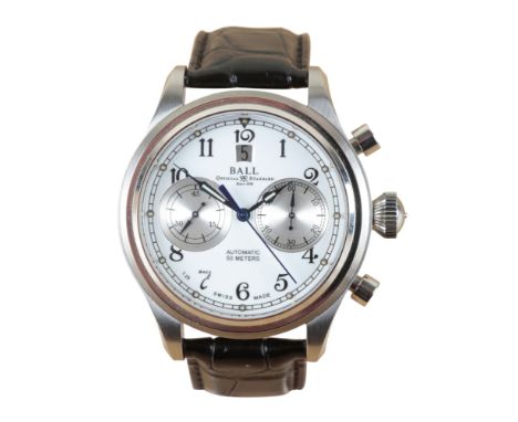 BALL WATCH COMPANY: A STAINLESS STEEL CHRONOGRAPH WRISTWATCHwith automatic movement, the white enamel dial with double subsid