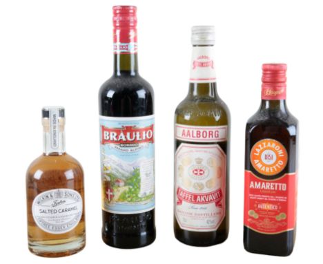 LAZZARONI AMARETTOone 70cl bottle, Wilkins Salted caramel vodka liqueur, Braulio Amaro and Aalborg Akvavit (4)
