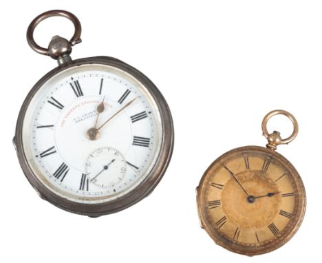 AN 18CT GOLD OPEN FACE POCKET WATCHwith key wind movement, the gold dial with black Roman numerals and dark blue steel hands,