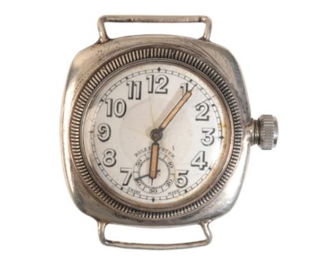 ROLEX: A SILVER CASED TRENCH WATCHwith manual wind movement, the white dial with black Arabic numerals, blue steel luminous h