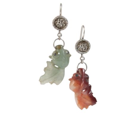A PAIR OF JADE FISH EARRINGSin silver, each comprising a carved jade fish in vari-colour jade