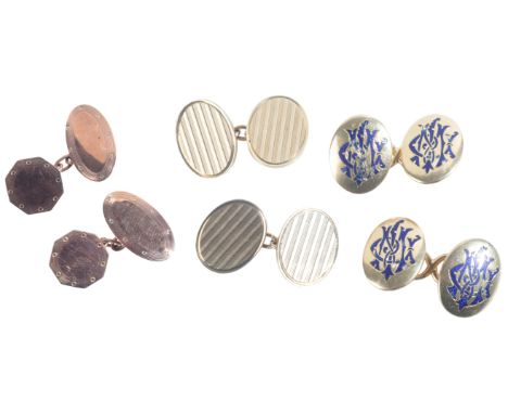 FOUR PAIRS OF CUFFLINKSincluding three pairs of 9ct gold cufflinks; and one pair in 18ct gold with varying designs and sizes,
