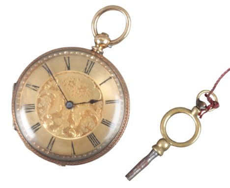AN 18CT GOLD OPEN FACE POCKET WATCHwith key wind movement, the gold dial with black Roman numerals and dark blue steel hands,