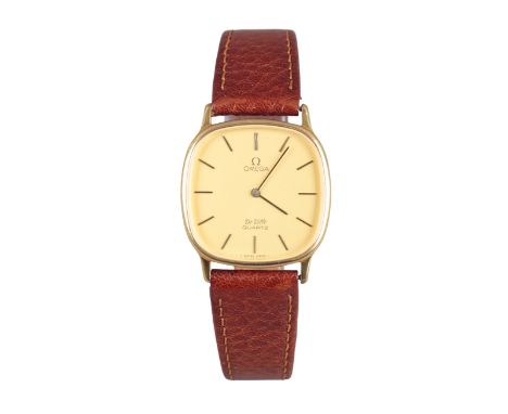 OMEGA DE VILLE: A GOLD PLATED WRISTWATCHwith a quartz movement, the gold dial with gold baton hour markers and hands, with a 