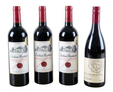 CHATEAU RECOUGNE BORDEAUX SUPERIEUR 2013 three 75cl bottles and Louis Jadot Coteaux Bourguignons 2015, one 75cl bottle (4)