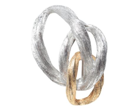 CHRISTIAN DIOR: A TWO-TONE COSTUME BROOCHcomprising three interlinking textured loops,  secured with a hinged pin clasp, sign