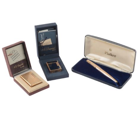 DUPONT, PARIS: A GOLD-PLATED CIGARETTE LIGHTERcirca 1970's, in the original box; another gold-plated cigarette lighter by Dup